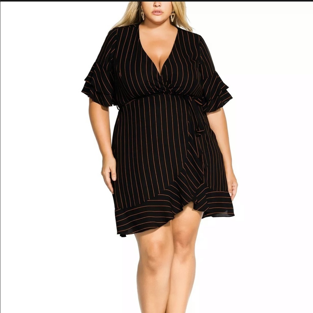 City Chic Golden Stripe Wrap Front Dress Black